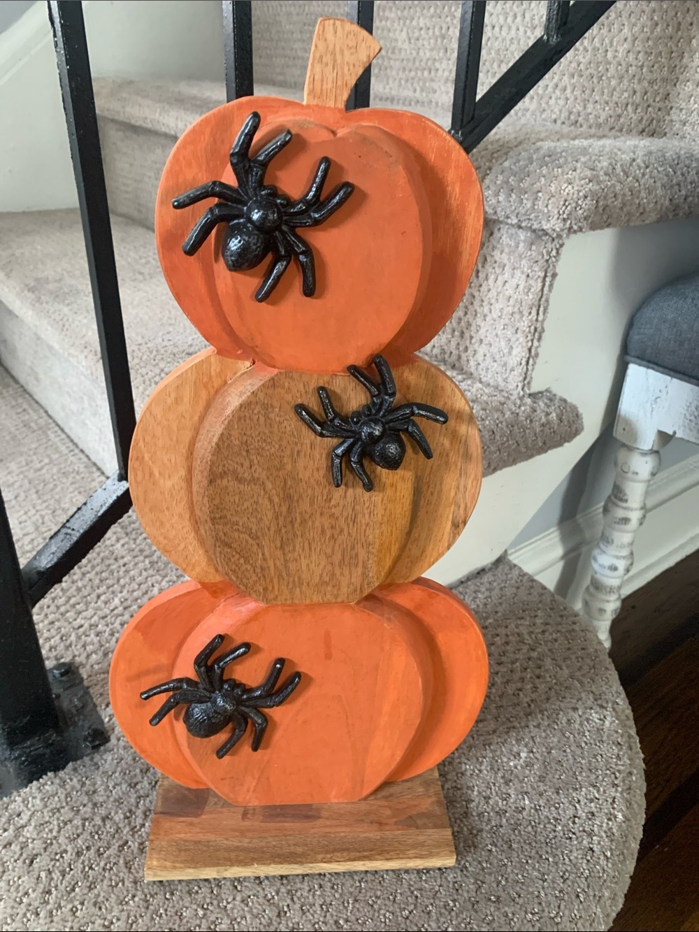 Handcrafted Wooden Pumpkin Stack with Metal Black Spiders Seasonal Décor